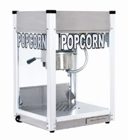 A four ounce counter top popcorn machine featuring an all stainless steel facing and side panels.