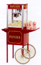 The perfect matched popcorn machine set. A theater four popcorn machine coupled with the antique styled popcorn popper cart.